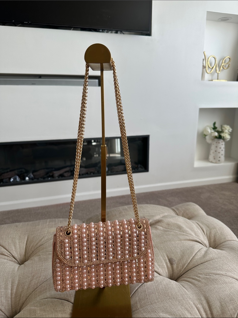 House of Harlow 1960 Blush Pearl-Embellished Shoulder Bag with Gold Chain